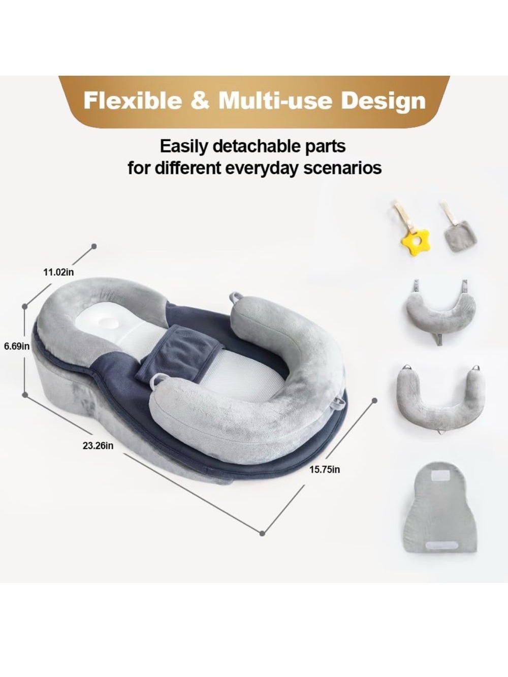 LOVE MAGE Baby Support Pillow Lounger & Feeding Cushion 4-in-1 Gray - Picture 4 of 5